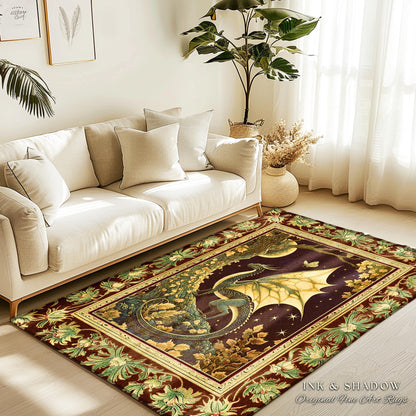 Mystical Dragon Rug Gilded Hygge Antique Moonlit Forest Accent Rug | Vintage Celestial Romantic Baroque Woodland Gothic Art Dark Cottagecore