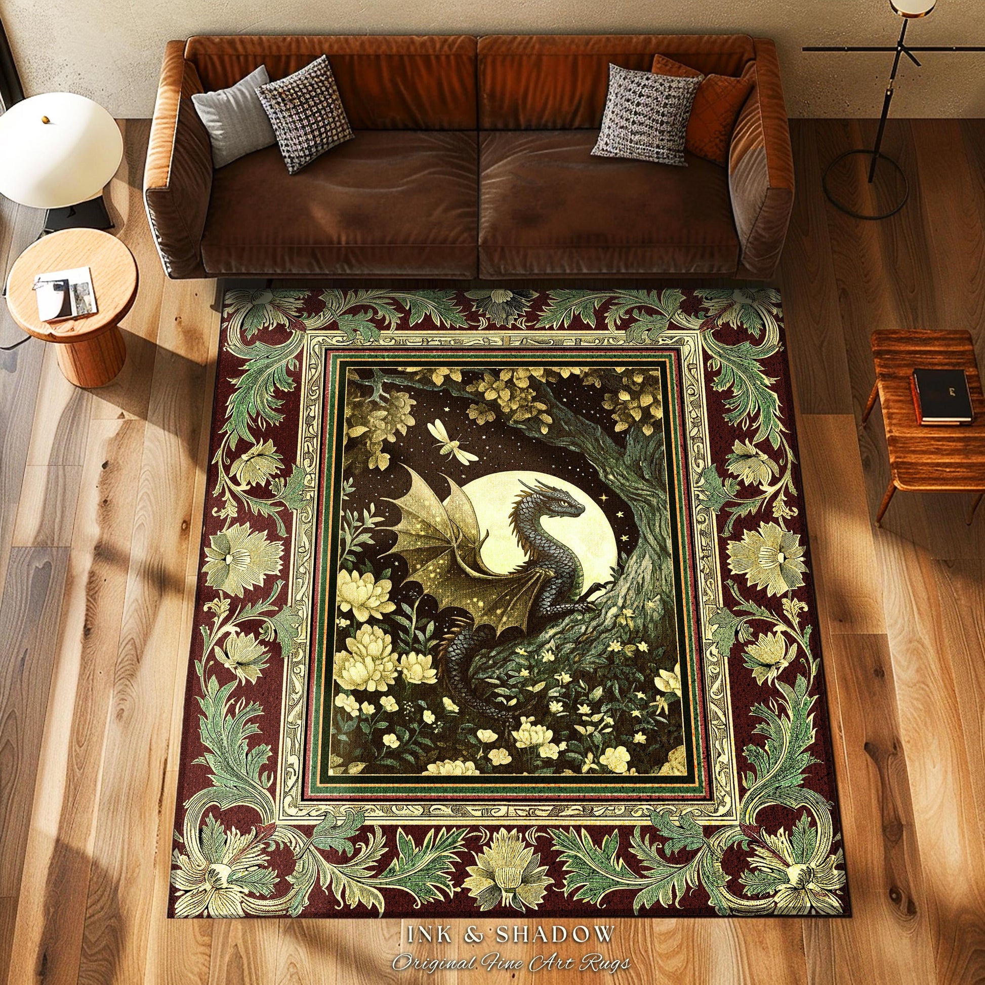 Woodland Gothic Dragon Area Rug Mystical Forest Green Full Moon Celestial Magic Fantasy Rug | Whimsigothic Enchanted Fairytale Bedroom Style