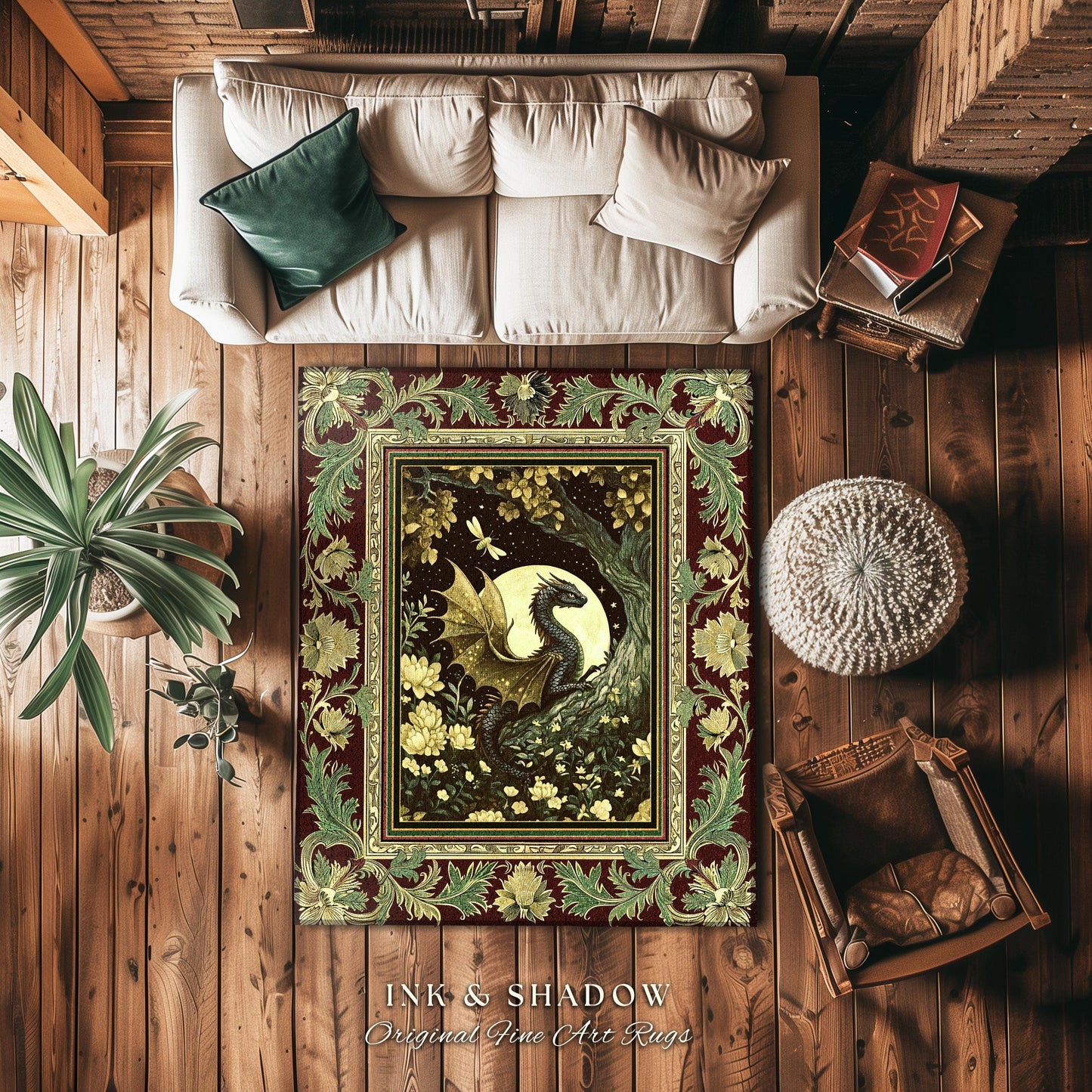 Woodland Gothic Dragon Area Rug Mystical Forest Green Full Moon Celestial Magic Fantasy Rug | Whimsigothic Enchanted Fairytale Bedroom Style