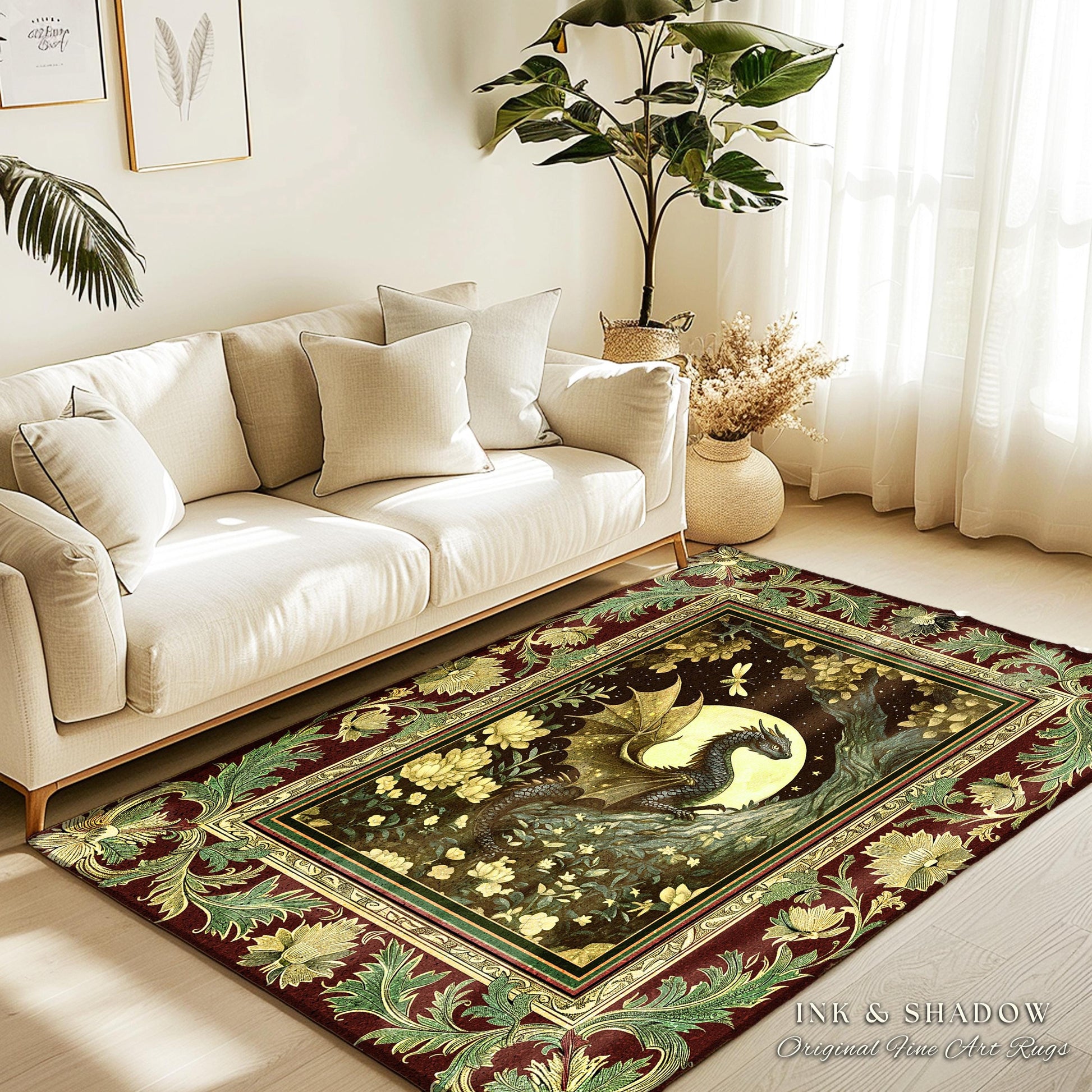 Woodland Gothic Dragon Area Rug Mystical Forest Green Full Moon Celestial Magic Fantasy Rug | Whimsigothic Enchanted Fairytale Bedroom Style