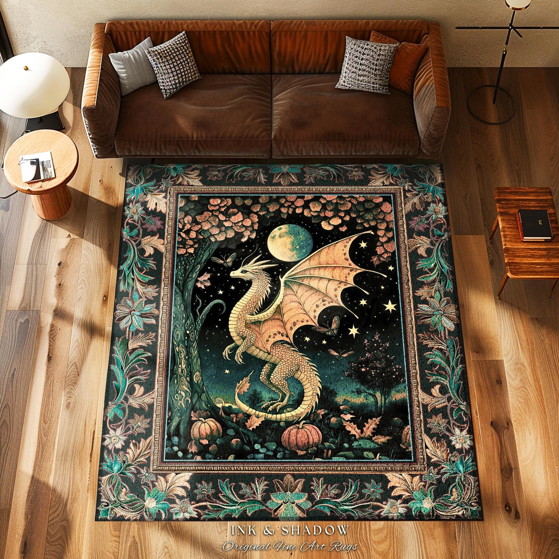 Witchy Whimsigothic Enchanted Night Moonlit Mystic Dragon Rug Celestial Fairytale Home Accent Carpet, Mythical Fantasy Forestcore Art Decor