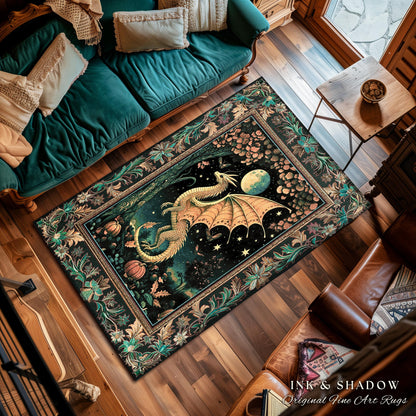 Witchy Whimsigothic Enchanted Night Moonlit Mystic Dragon Rug Celestial Fairytale Home Accent Carpet, Mythical Fantasy Forestcore Art Decor