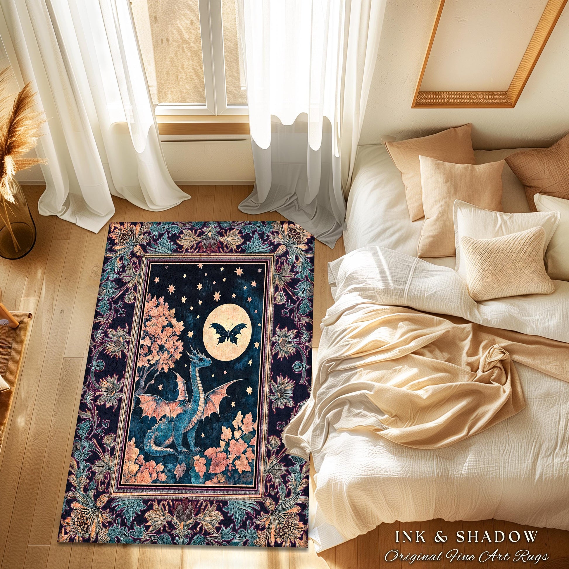 Enchanted Fall Forest Celestial Dragon Rug Whimsical Starry Night | Magical Woodland Goblincore Mystical Moon Fairytale Ethereal Carpet |