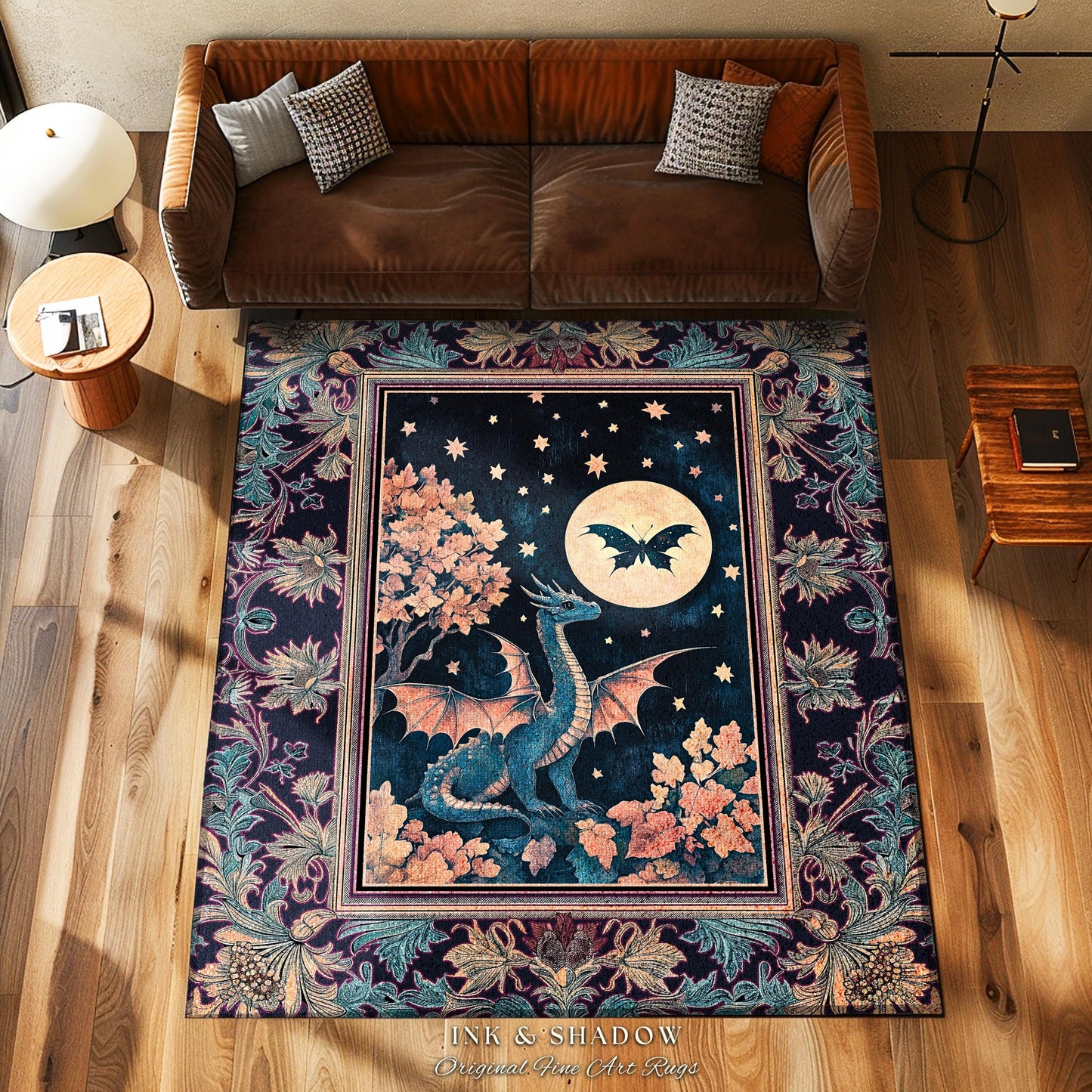 Enchanted Fall Forest Celestial Dragon Rug Whimsical Starry Night | Magical Woodland Goblincore Mystical Moon Fairytale Ethereal Carpet |