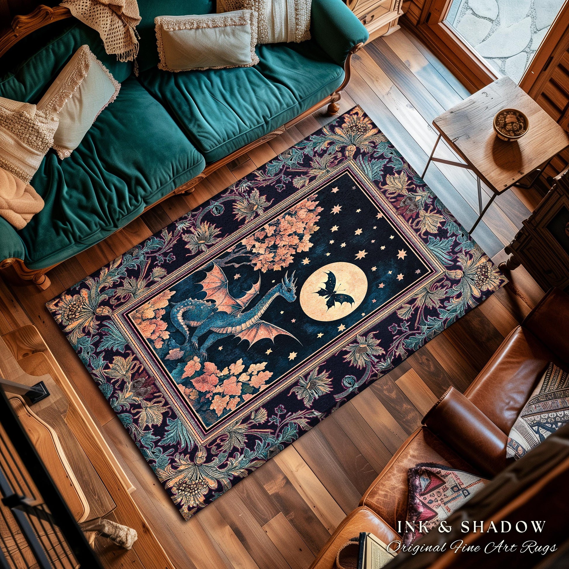 Enchanted Fall Forest Celestial Dragon Rug Whimsical Starry Night | Magical Woodland Goblincore Mystical Moon Fairytale Ethereal Carpet |