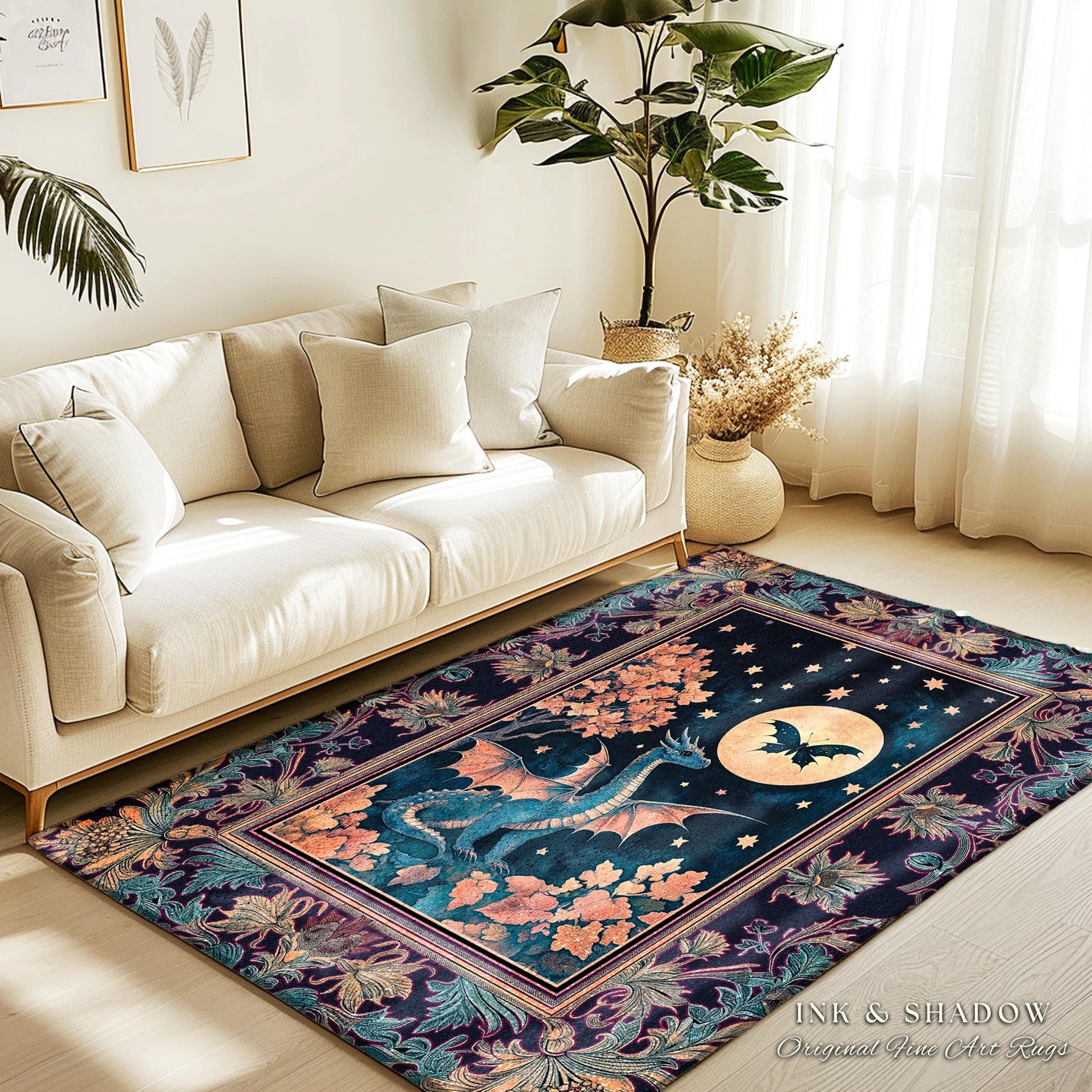 Enchanted Fall Forest Celestial Dragon Rug Whimsical Starry Night | Magical Woodland Goblincore Mystical Moon Fairytale Ethereal Carpet |