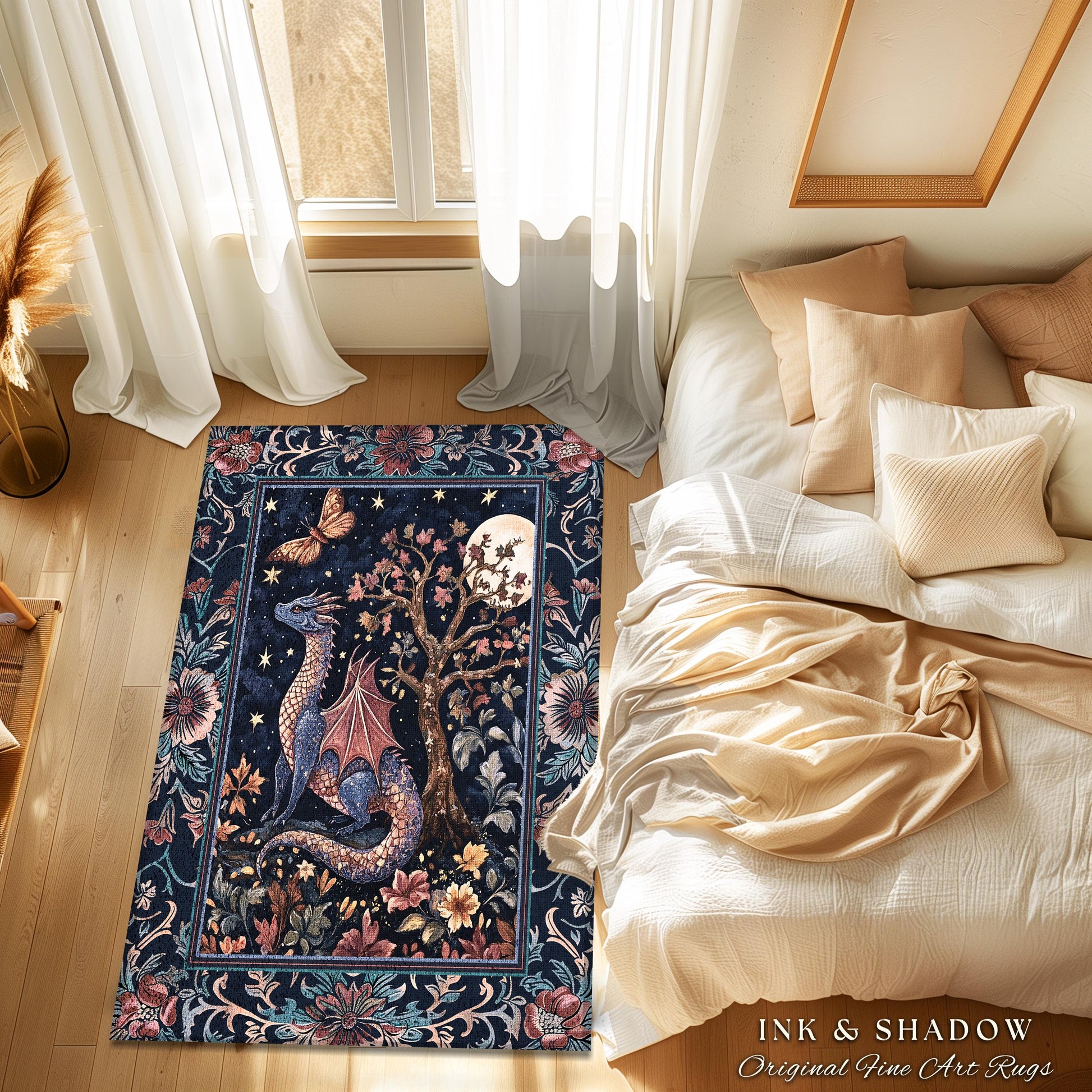 Enchanted Woodland Dragon Rug Mystical Night Sky Decor | Moonlit Forest Whimsigothic Area Rug Celestial Dark Academia Fantasy Home Accent |