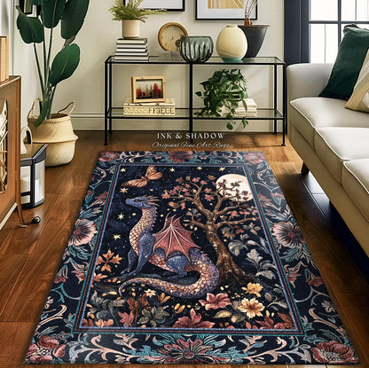 Enchanted Woodland Dragon Rug Mystical Night Sky Decor | Moonlit Forest Whimsigothic Area Rug Celestial Dark Academia Fantasy Home Accent |