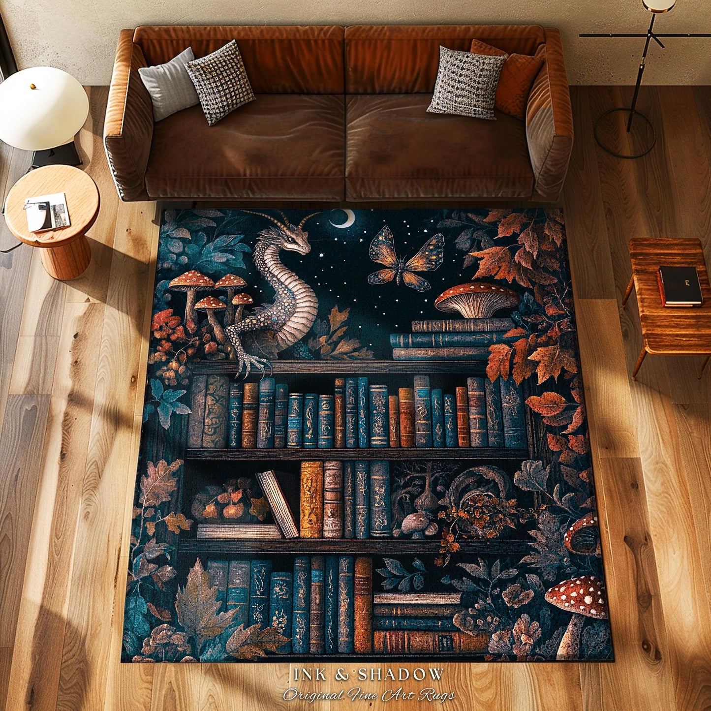 Mystical Woodland Dragon Rug Book Nook Decor, Fairytale Mushroom Cottagecore Vintage Fantasy Library Gothic Dark Academia Folklore Accent