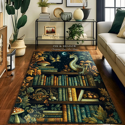 Whimsical Fantasy Bookshelf Enchanted Forest Fairycore Dragon Rug | Romantic Dark Academia Woodland Fairytale Bookish Booknook Home Decor