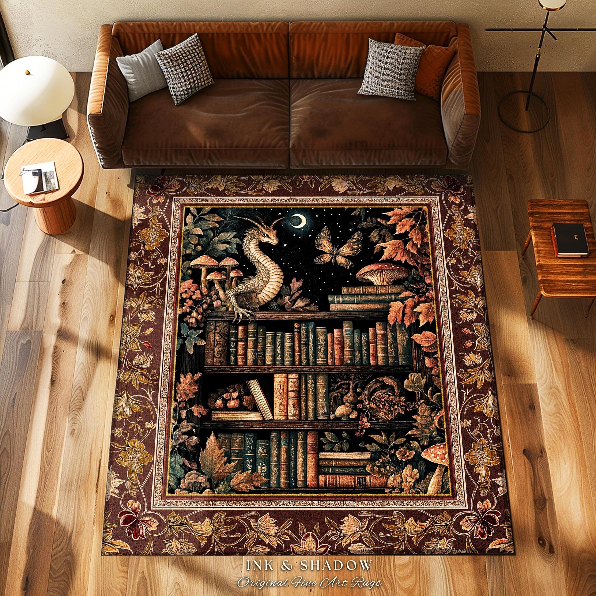 Rust Burnt Orange Woodland Book Nook Magical Dragon Rug Dark Academia Decor | Fantasy Goblincore Vintage Folklore Bookshelf Literary Art