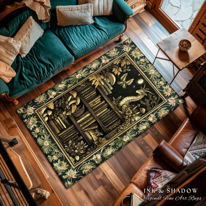 Enchanted Library Dragon Rug Mystical Dark Academia Bookshelf Fantasy Folklore Decor | Vintage Gothic Cottagecore Bookish Reading Nook Art