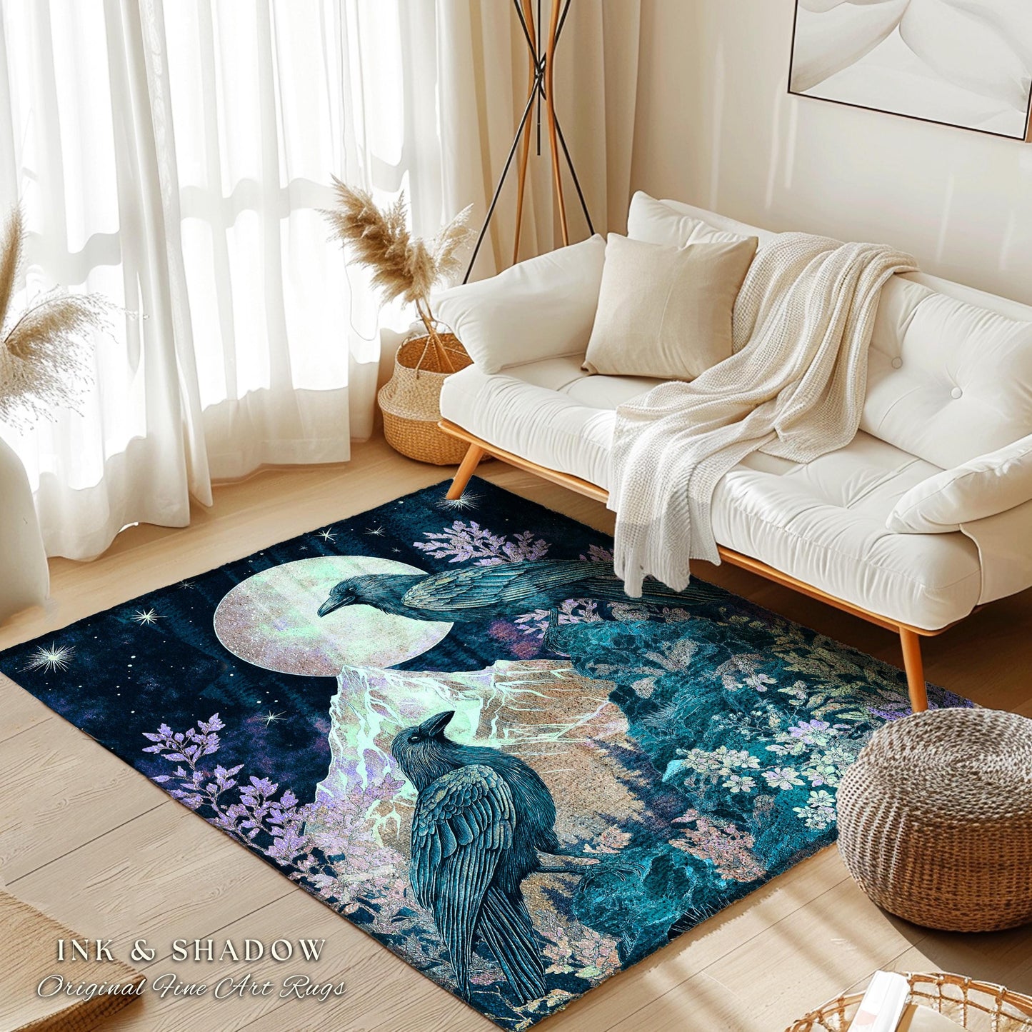 Pastel Gothic Crow Rug | Floral Celestial Crowcore Area Rug Whimsical Enchantment Floral Woodland Goblincore Raven Bedroom Ethereal Accent |