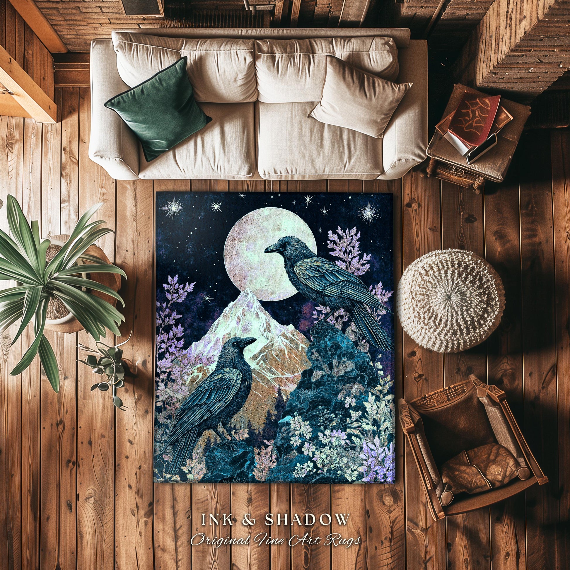 Pastel Gothic Crow Rug | Floral Celestial Crowcore Area Rug Whimsical Enchantment Floral Woodland Goblincore Raven Bedroom Ethereal Accent |