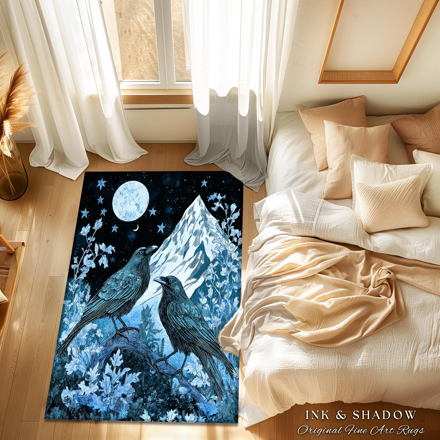 Moody Mountain Crow Accent Rug | Icy Blue Crowcore Gothic Enchantment Area Rug Whimsical Woodland Goblincore Bedroom Raven Magical Theme |