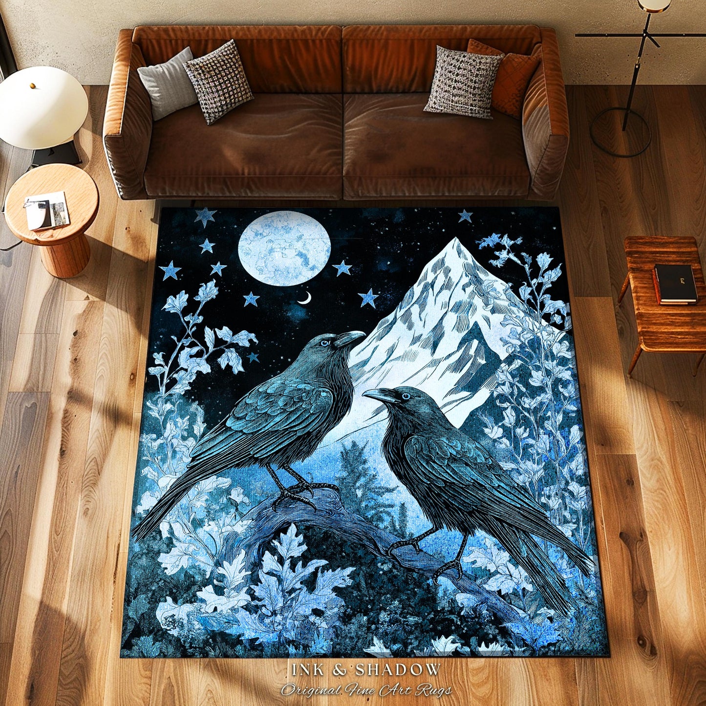 Moody Mountain Crow Accent Rug | Icy Blue Crowcore Gothic Enchantment Area Rug Whimsical Woodland Goblincore Bedroom Raven Magical Theme |