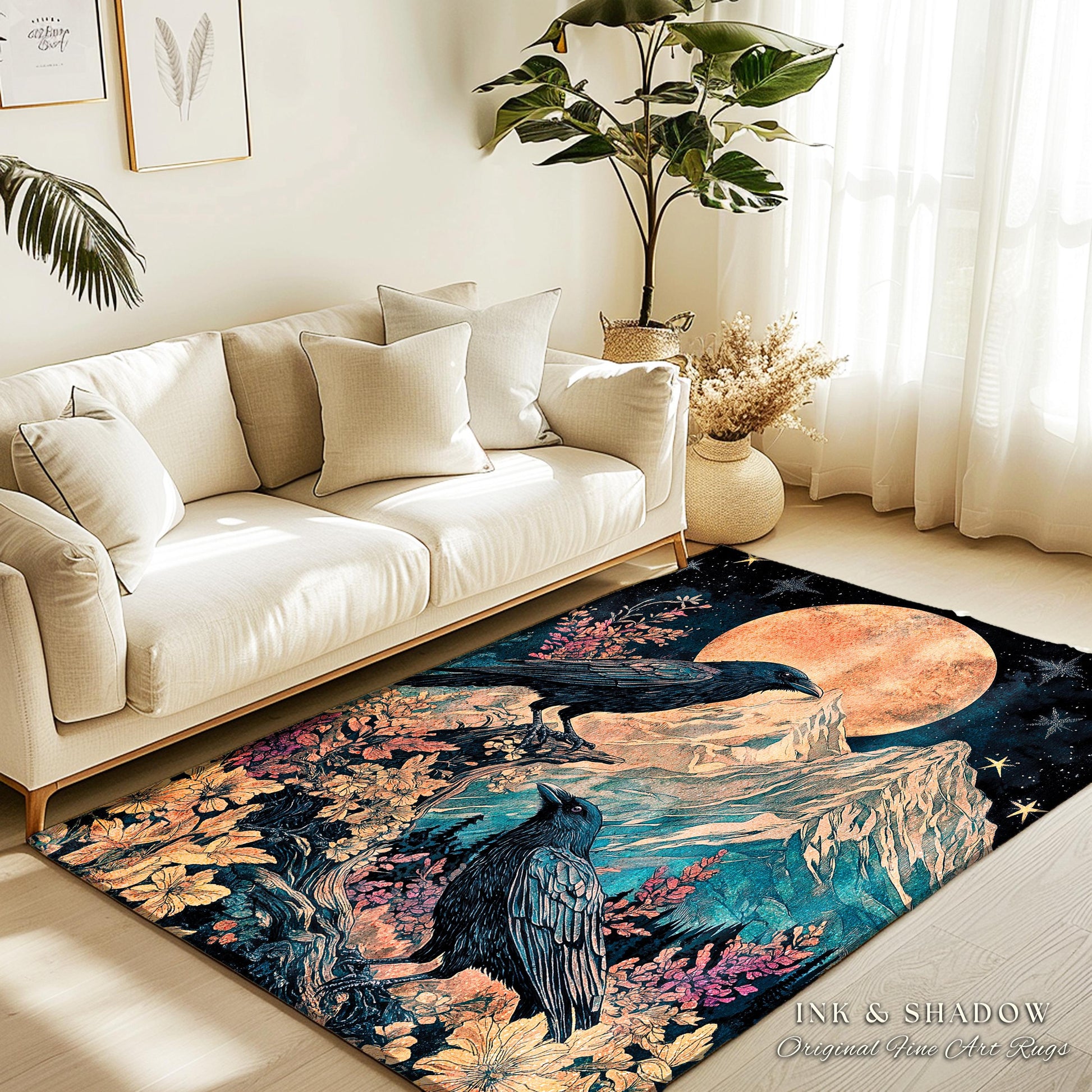 Moonrise Crow Celestial Area Rug | Celestial Woodland Gothic Maximalist Crowcore Bedroom Decor Aesthetic Botanical Room Victorian Raven |