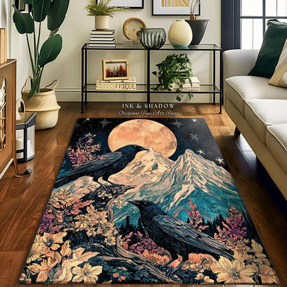 Moonrise Crow Celestial Area Rug | Celestial Woodland Gothic Maximalist Crowcore Bedroom Decor Aesthetic Botanical Room Victorian Raven |