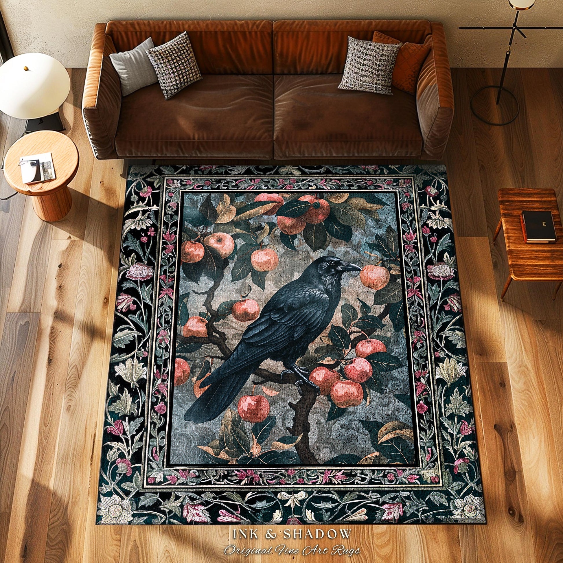Dark Cottagecore Raven Accent Rug | Woodland Gothic Dark Maximalist Ethereal Bedroom Decor Aesthetic Botanical Room Victorian Gothic Artwork