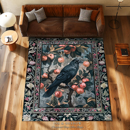 Dark Cottagecore Raven Accent Rug | Woodland Gothic Dark Maximalist Ethereal Bedroom Decor Aesthetic Botanical Room Victorian Gothic Artwork