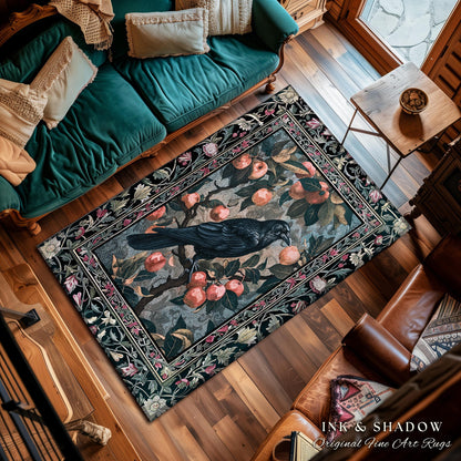 Dark Cottagecore Raven Accent Rug | Woodland Gothic Dark Maximalist Ethereal Bedroom Decor Aesthetic Botanical Room Victorian Gothic Artwork