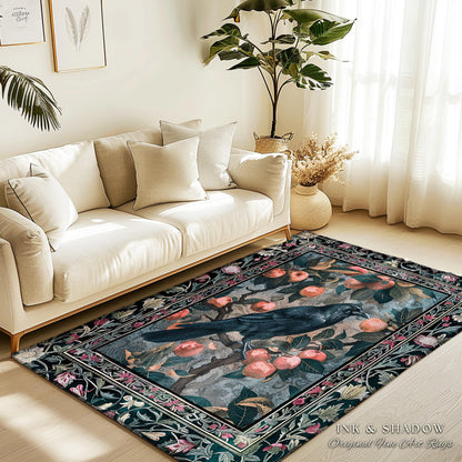 Dark Cottagecore Raven Accent Rug | Woodland Gothic Dark Maximalist Ethereal Bedroom Decor Aesthetic Botanical Room Victorian Gothic Artwork