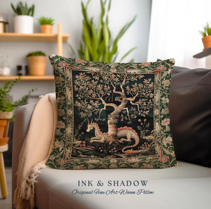 Maximalist Aesthetic Dragon Pillow Fairytale Inspired Decor | Medieval Cottagecore Style Botanical Tapestry Cushion Whimsical Fairycore Art