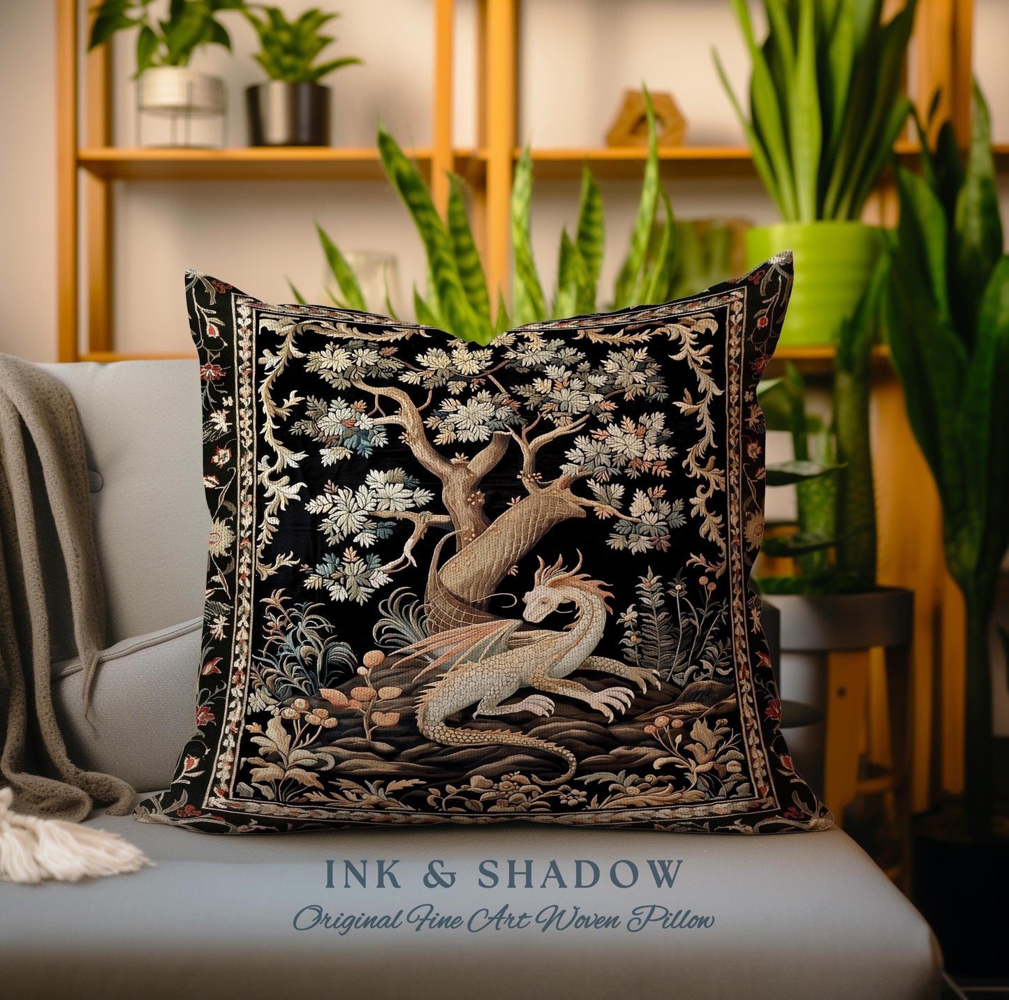 Fantasy Inspired Dragon Pillow Dark Academia Book Nook Decor | Gothic Maximalist Aesthetic Fairytale Magical Forestcore Game Room Cushion