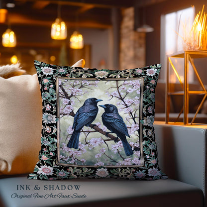 Whimsigoth Floral Raven Pillow Crowcore Whimsical Woodland Gothic Fairycore Grunge, Enchanted Forest Vintage Cottagecore Black Bird Cushion