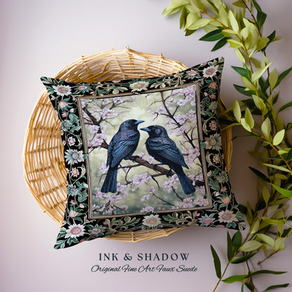 Whimsigoth Floral Raven Pillow Crowcore Whimsical Woodland Gothic Fairycore Grunge, Enchanted Forest Vintage Cottagecore Black Bird Cushion