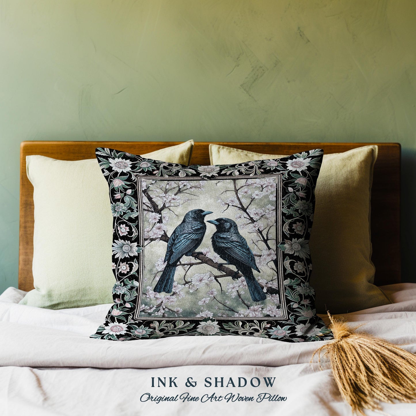 Whimsigoth Floral Raven Pillow Crowcore Whimsical Woodland Gothic Fairycore Grunge, Enchanted Forest Vintage Cottagecore Black Bird Cushion