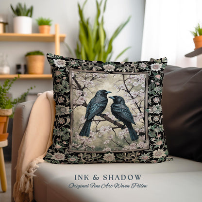 Whimsigoth Floral Raven Pillow Crowcore Whimsical Woodland Gothic Fairycore Grunge, Enchanted Forest Vintage Cottagecore Black Bird Cushion