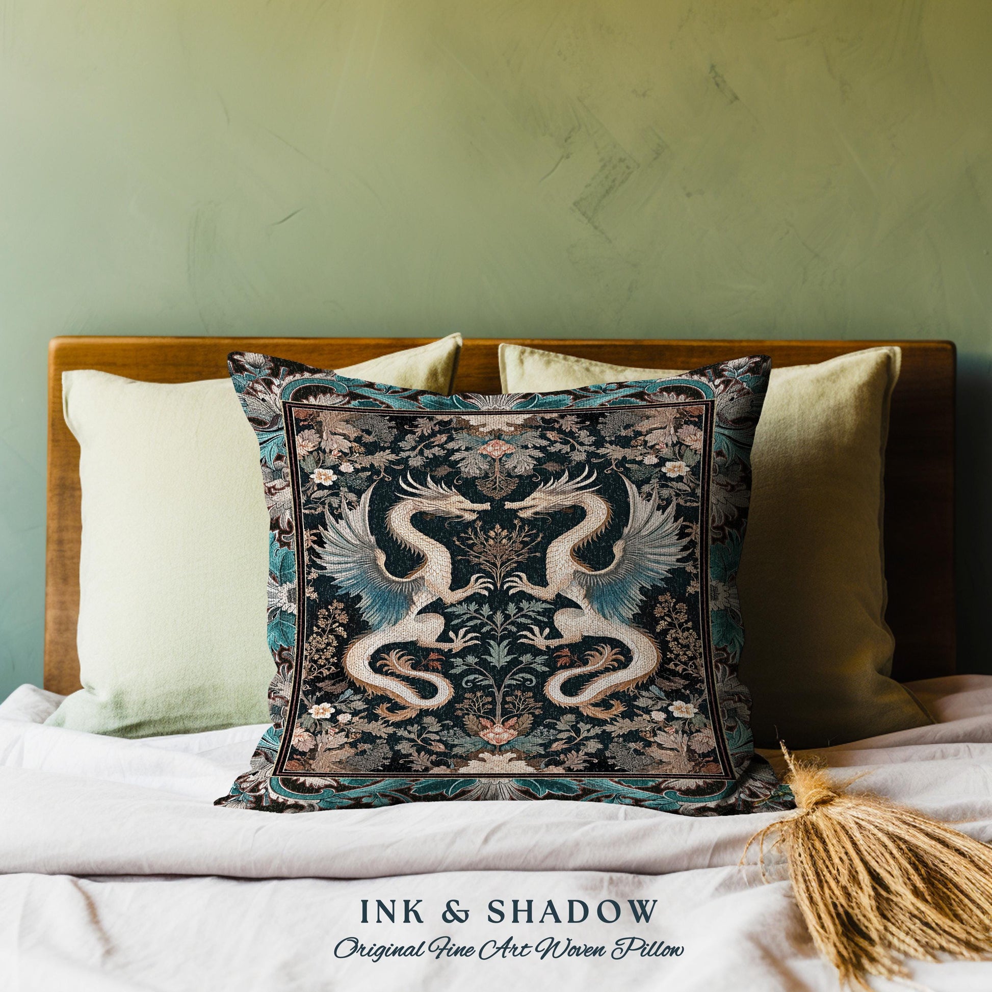 Art Deco Dragon Pillow Antique Mystical Baroque Tapestry Cushion, Abstract Dragon Art Rug Whimsical Aesthetic Home Dark Academia Teal Accent