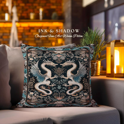 Art Deco Dragon Pillow Antique Mystical Baroque Tapestry Cushion, Abstract Dragon Art Rug Whimsical Aesthetic Home Dark Academia Teal Accent