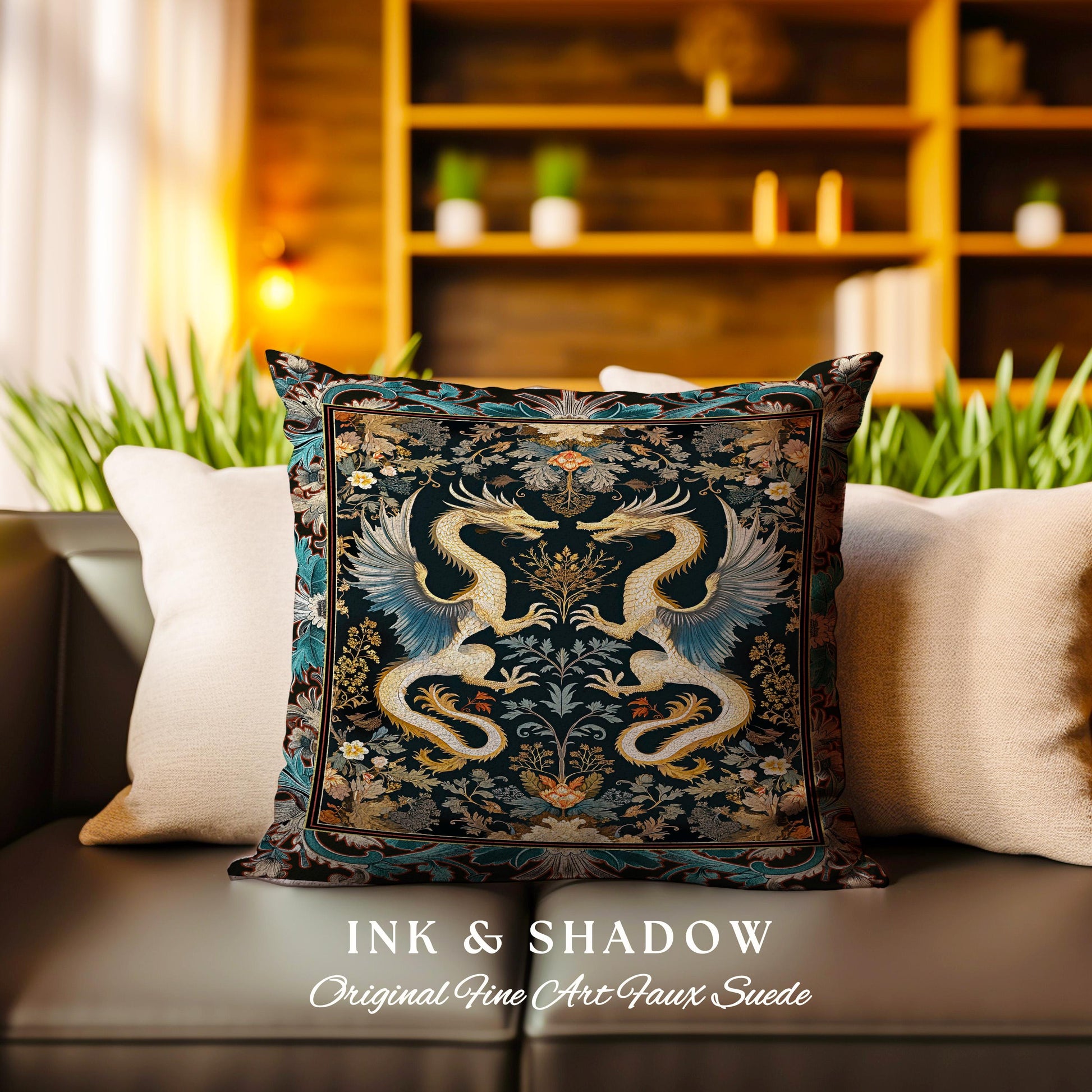 Art Deco Dragon Pillow Antique Mystical Baroque Tapestry Cushion, Abstract Dragon Art Rug Whimsical Aesthetic Home Dark Academia Teal Accent