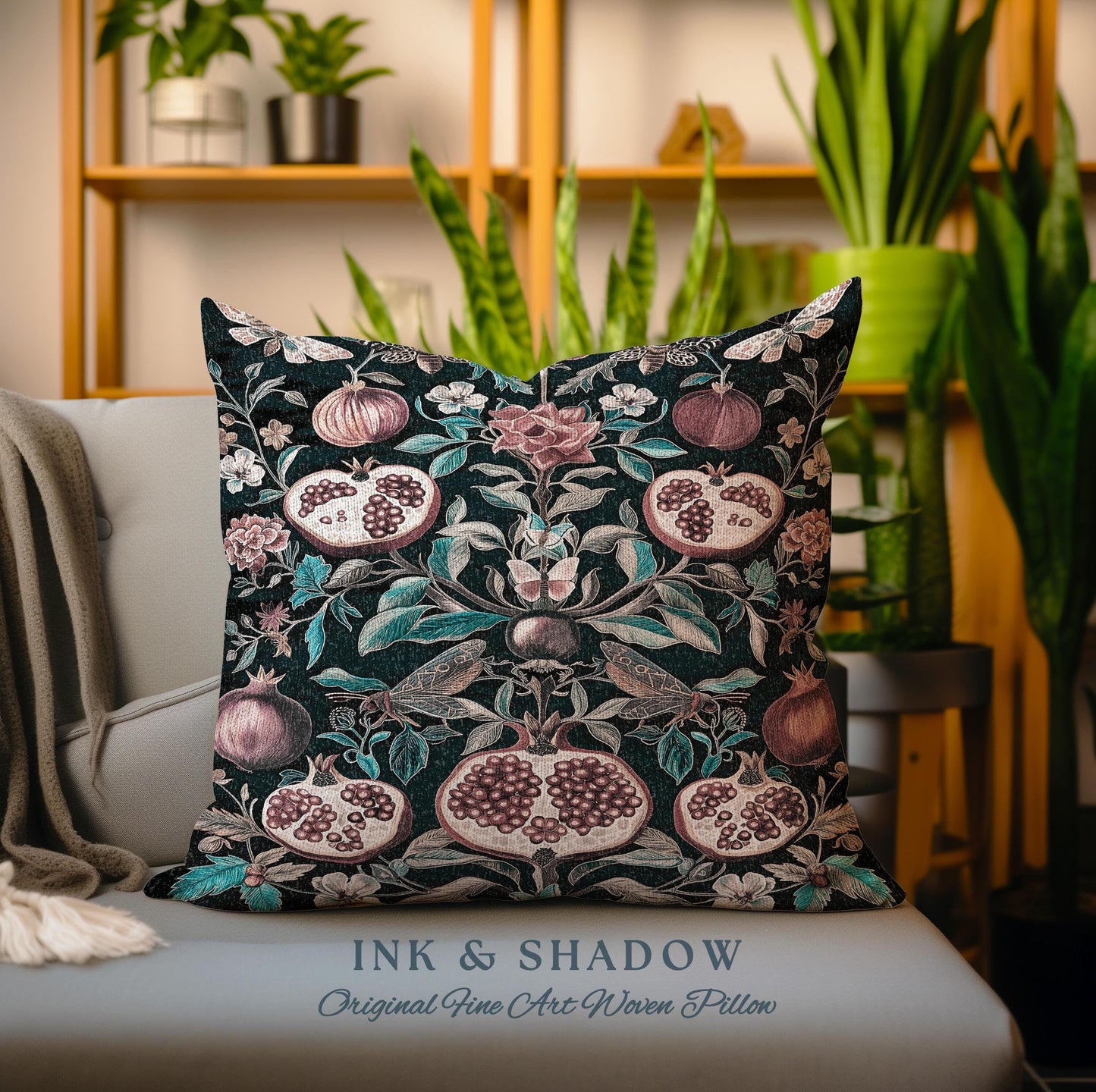 Woodland Gothic Pomegranate Botanical Pillow Enchanted Nature Butterfly Cushion | Romantic Baroque Whimsical Forestcore Floral Cottagecore