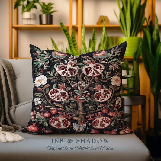 Enchanted Forestcore Victorian Gothic Pomegranate Pillow Dark Botanical Tapestry Cushion | Whimsical Floral Decor Whimsigoth Art Accent