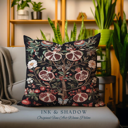 Enchanted Forestcore Victorian Gothic Pomegranate Pillow Dark Botanical Tapestry Cushion | Whimsical Floral Decor Whimsigoth Art Accent