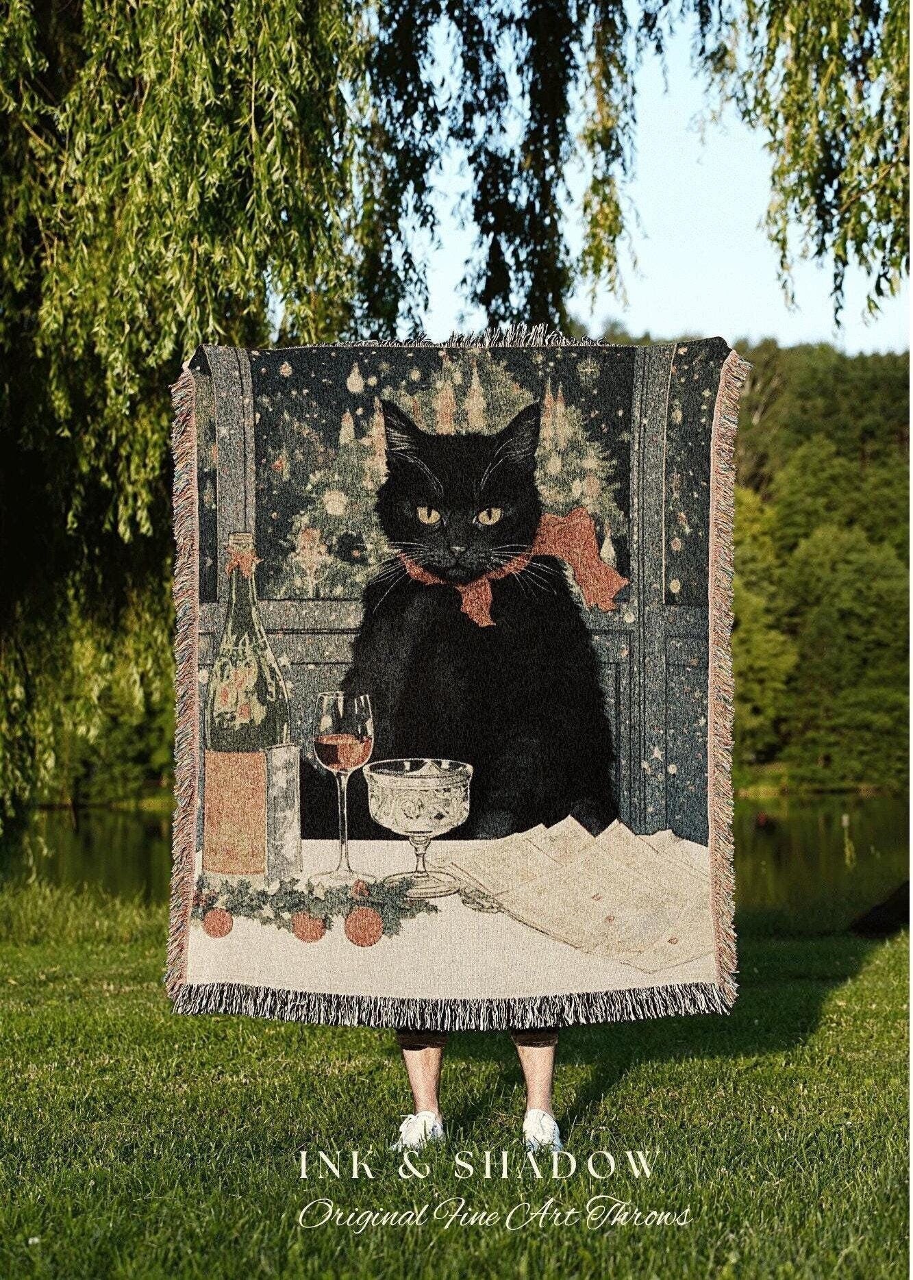 Christmas Cat Tapestry Blanket Woven | Whimsical Cat Blanket Eclectic Wall Art Funny Tapestry Whimsigoth Goth Christmas Room Decor Cute Cat