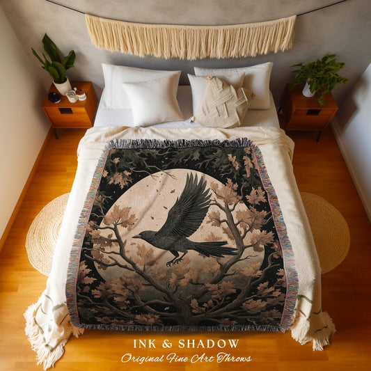 Moonlit Raven Home Decor Woodland Gothic Tapestry Throw Vintage Cottagecore Whimsigothic, Forest Grunge Fairy Goblincore Crowcore Blanket