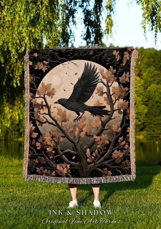 Moonlit Raven Home Decor Woodland Gothic Tapestry Throw Vintage Cottagecore Whimsigothic, Forest Grunge Fairy Goblincore Crowcore Blanket