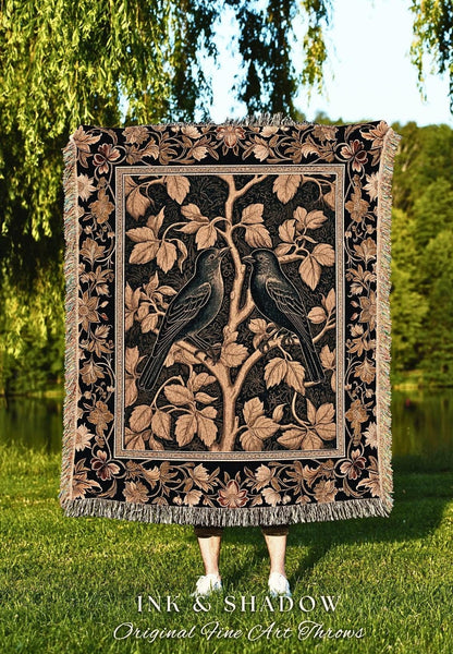 Vintage Fall Aesthetic Bird Blanket Dark Academia Tapestry Whimsigoth Dark Cottagecore Woven Raven Art Crowcore Floral Victorian Goth Decor