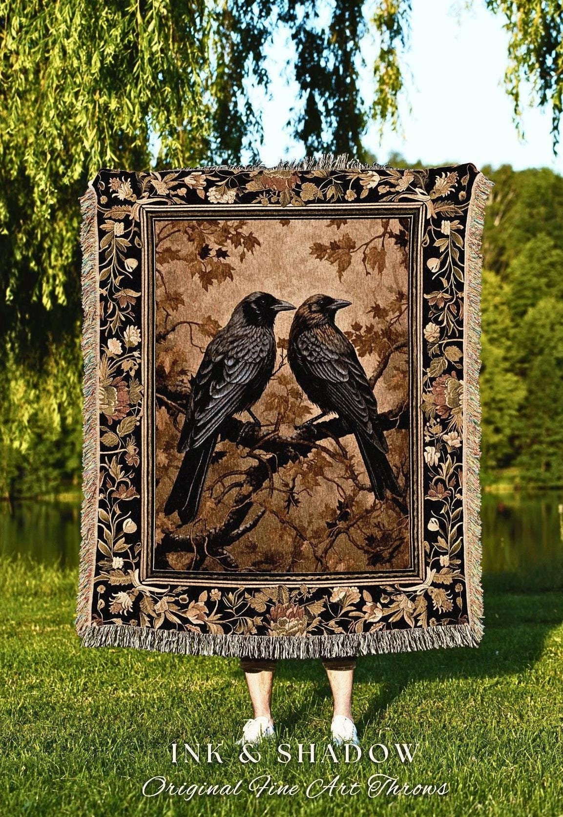 Baroque Aesthetic Home Decor Raven Blanket Golden Goth Tapestry Blanket Woven Black Crow Dark Cottagecore Blanket Whimsigoth Witchy Decor