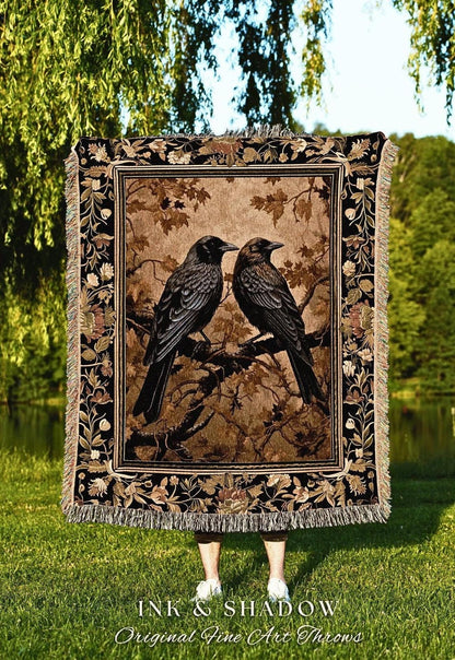 Baroque Aesthetic Home Decor Raven Blanket Golden Goth Tapestry Blanket Woven Black Crow Dark Cottagecore Blanket Whimsigoth Witchy Decor