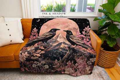 Mauve Pink Raven Tapestry Throw Ethereal Mountain Full Moon Celestial Cottagecore, Pastel Gothic Woodland Whimsy Crowcore Fairy Grunge Art