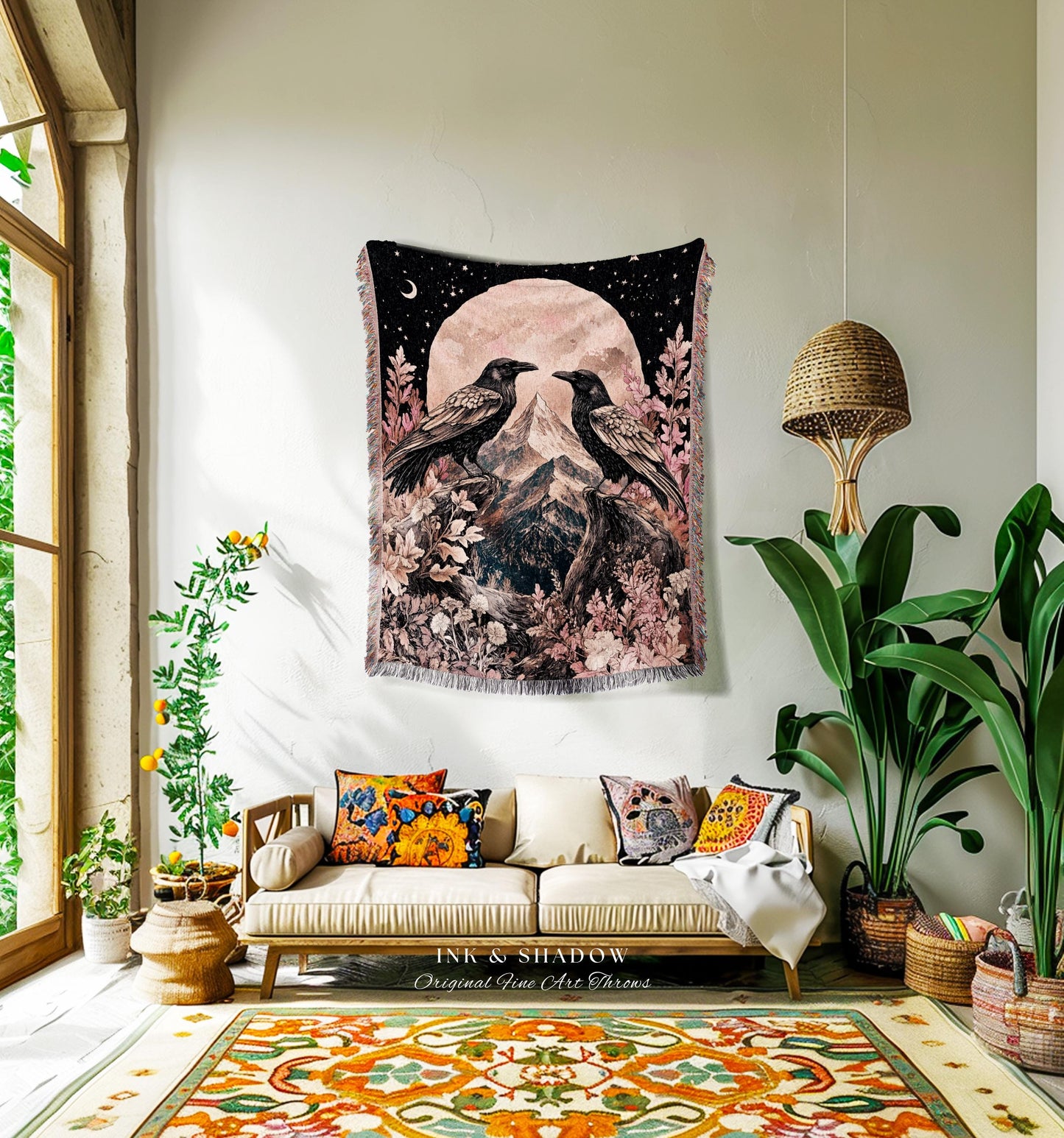 Mauve Pink Raven Tapestry Throw Ethereal Mountain Full Moon Celestial Cottagecore, Pastel Gothic Woodland Whimsy Crowcore Fairy Grunge Art