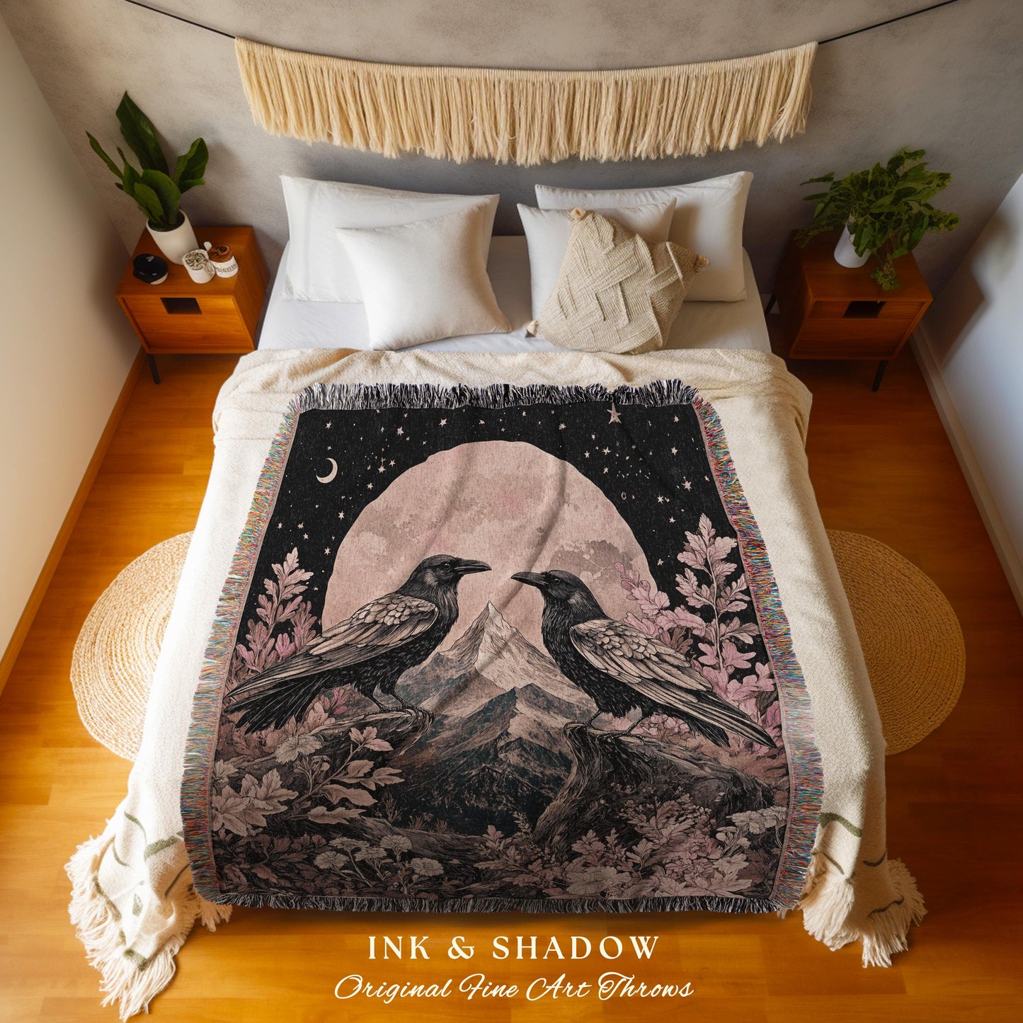 Mauve Pink Raven Tapestry Throw Ethereal Mountain Full Moon Celestial Cottagecore, Pastel Gothic Woodland Whimsy Crowcore Fairy Grunge Art