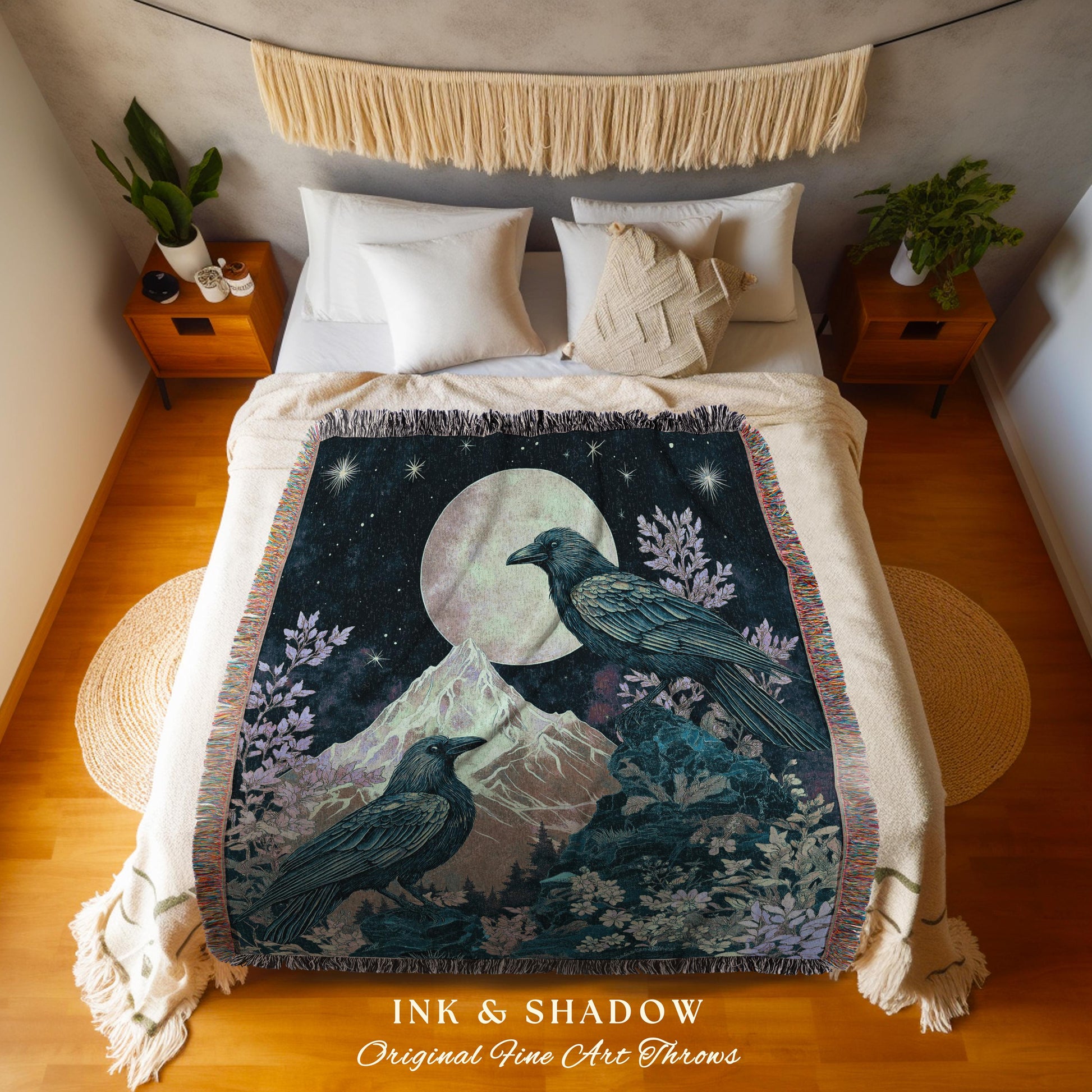 Pastel Gothic Crow Wall Tapestry | Floral Celestial Crowcore Blanket Whimsical Enchantment Floral Woodland Goblincore Raven Bedding Ethereal