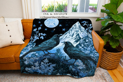 Moody Mountain Crow Woven Blanket | Icy Blue Crowcore Gothic Enchantment Tapestry Whimsical Woodland Goblincore Bedding Raven Magical Throw