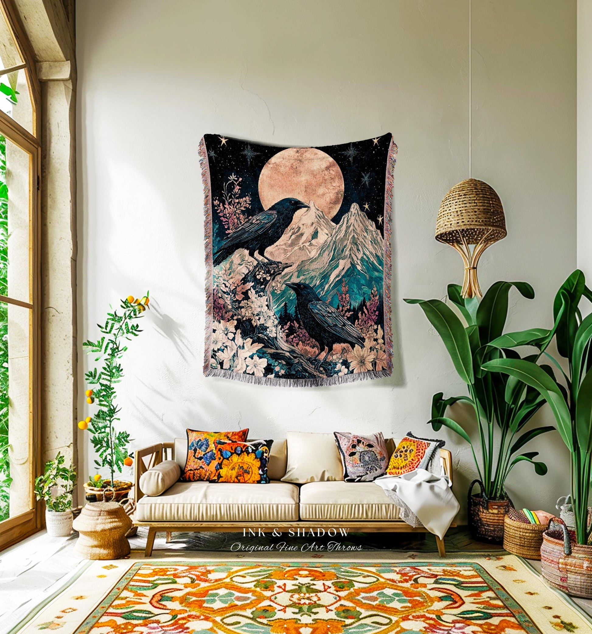 Moonrise Crow Celestial Blanket Woven | Celestial Woodland Gothic Maximalist Crowcore Bedroom Decor Aesthetic Botanical Room Victorian Raven